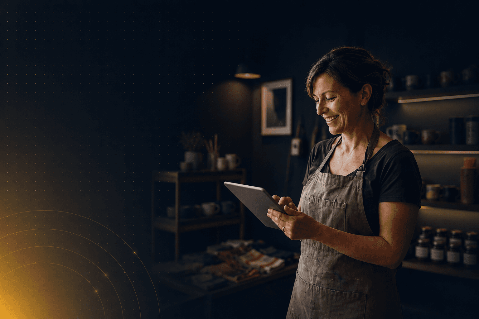 Independent business owner reviewing her operation on a tablet