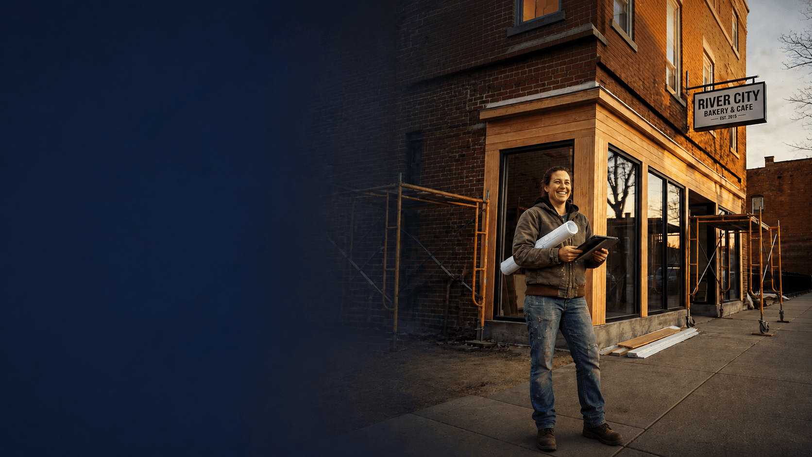 Business owner reviewing plans outside a storefront under renovation
