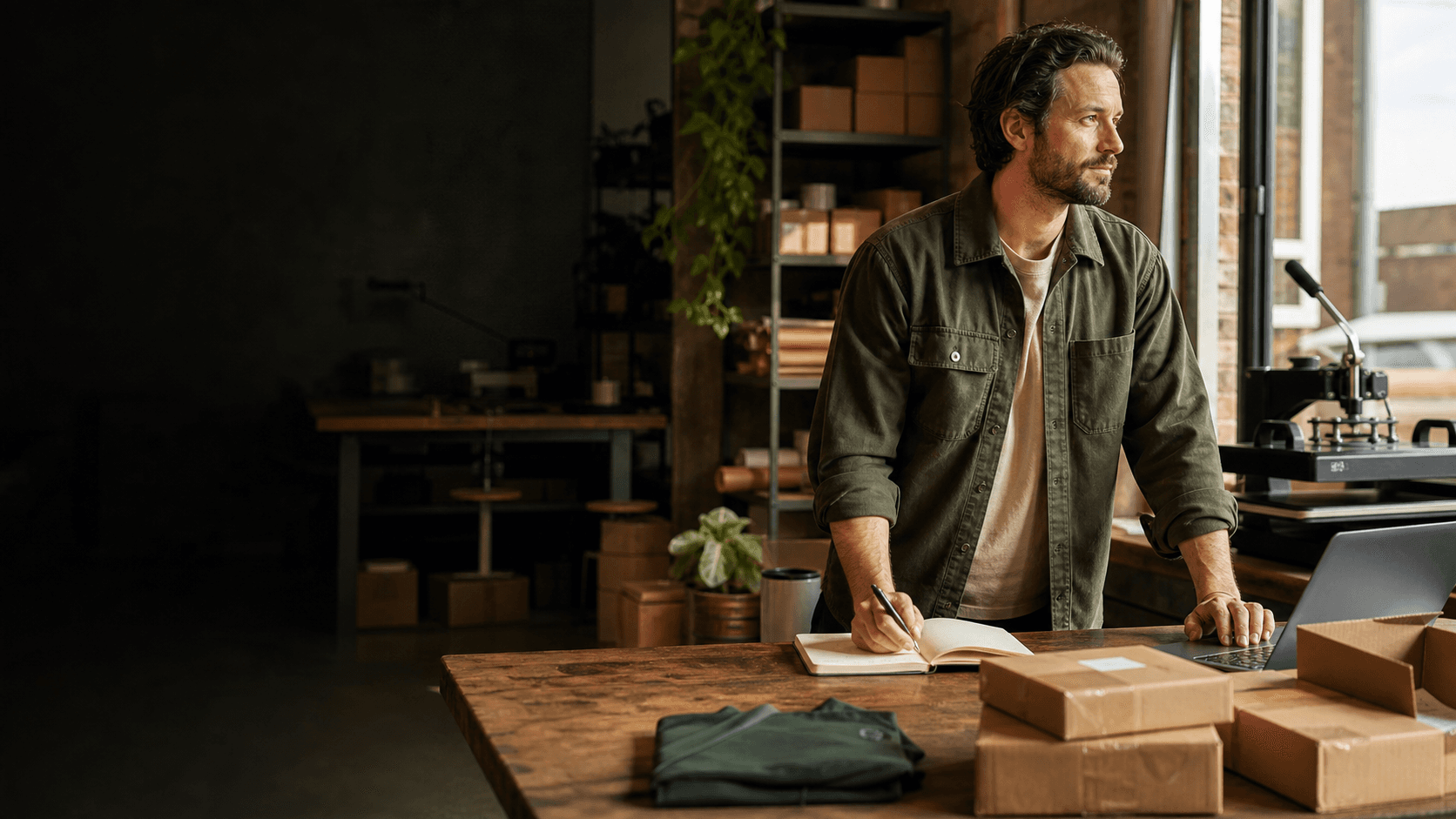 Business owner planning inside an active product studio